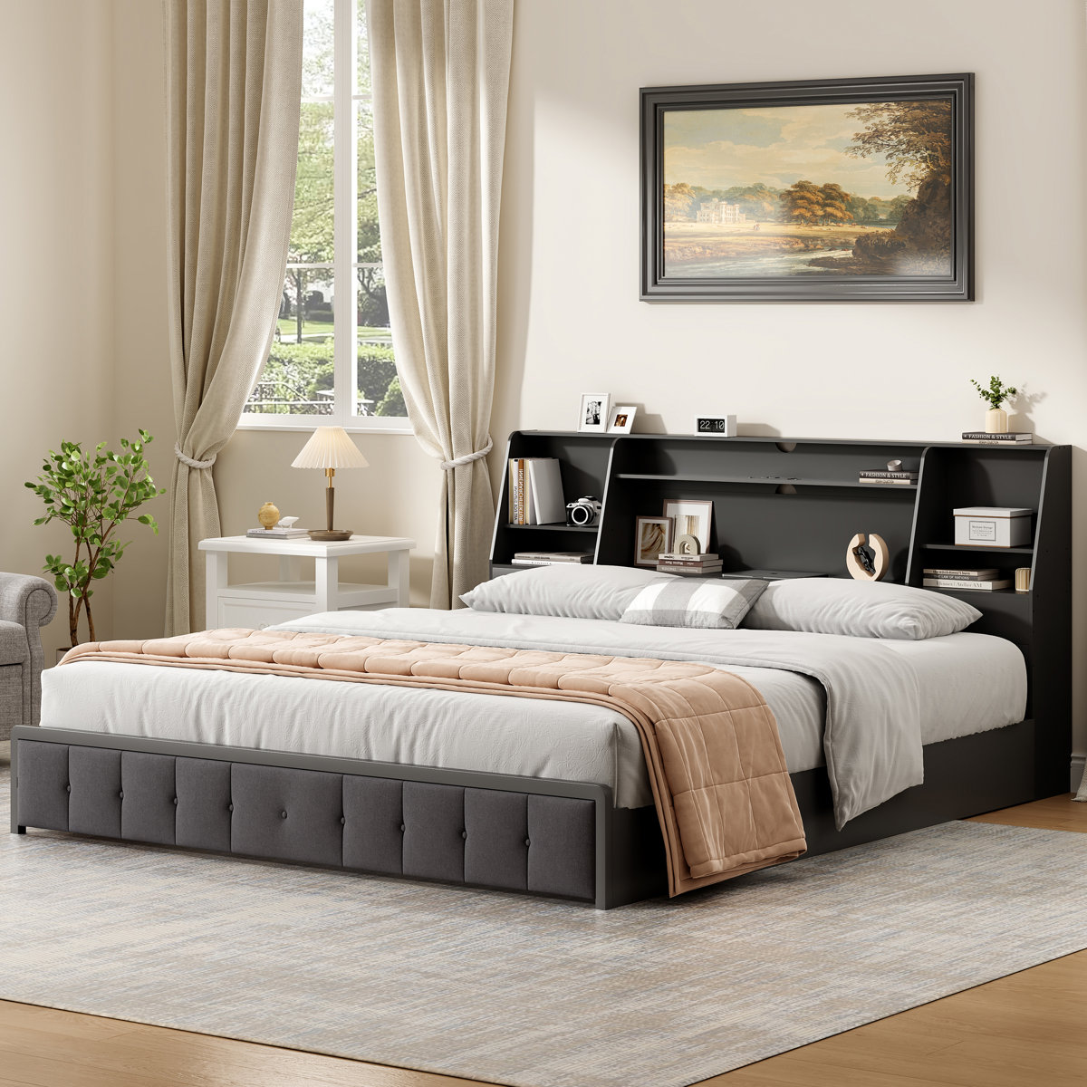 Wrought Studio™ Boookcase Headboard With Charging Station &amp; Light ...